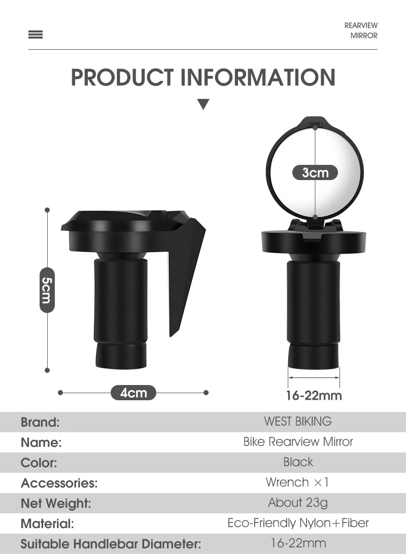 WEST BIKING Bicycle Rearview Mirror Universal Adjustable Convex Mirrors Rotate Handlebar End Mirror MTB Road Bike Accessories
