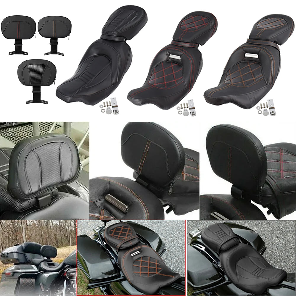 Motorcycle Two-Up Driver Passenger Seat + Front Rider Backrest For Harley Touring CVO Street Electra Glide Road King 2009-2023