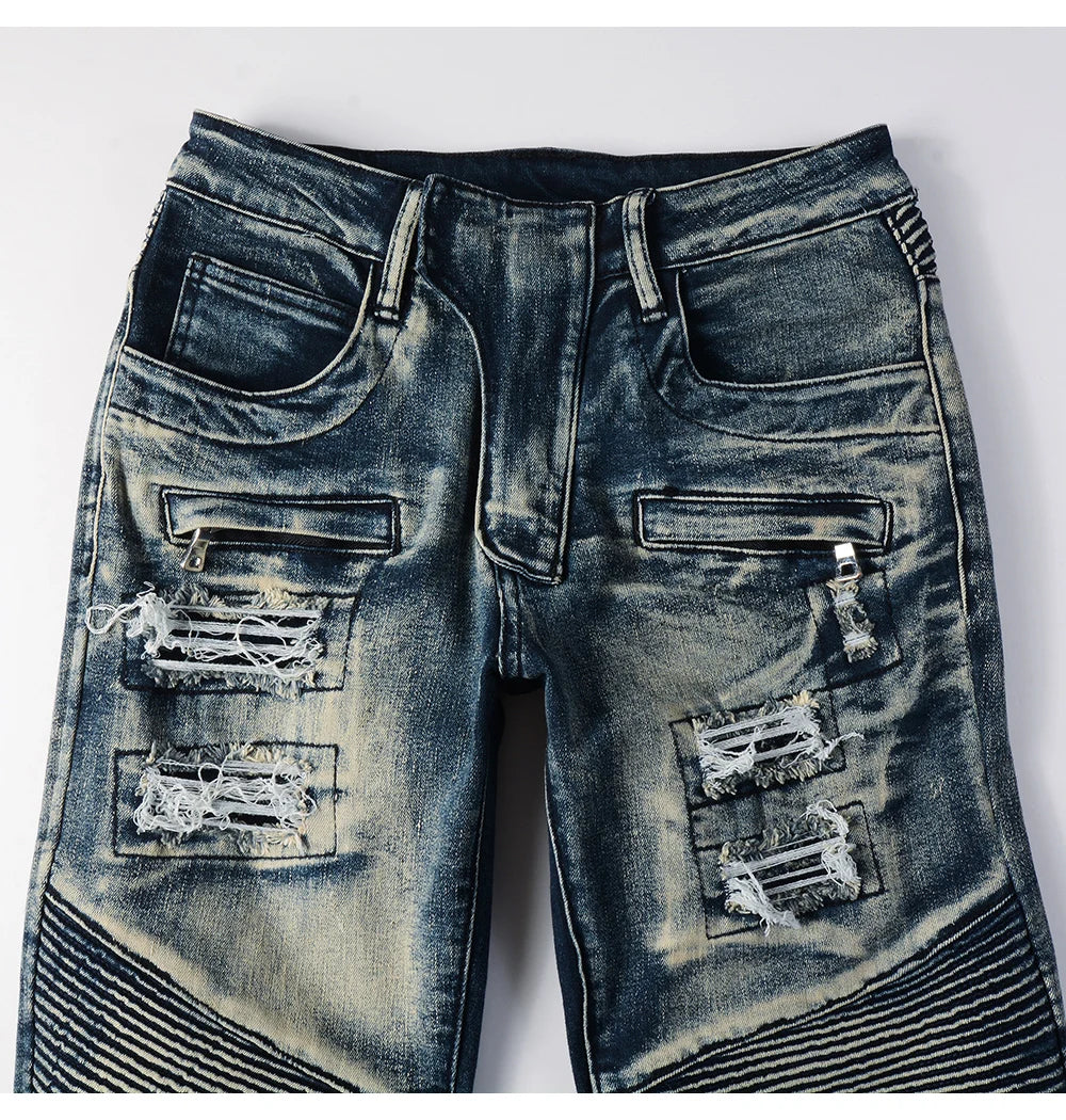 Men's Biker Jeans for Motorcycle Holes Ripped Distressed Patch Pants Stretch Denim Cotton Slim Straight Trousers High Quality
