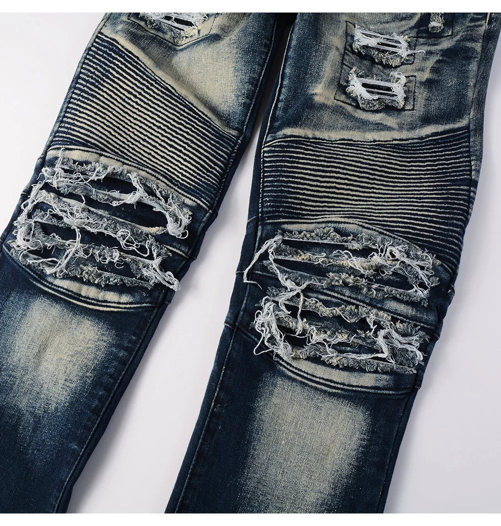 Men's Biker Jeans for Motorcycle Holes Ripped Distressed Patch Pants Stretch Denim Cotton Slim Straight Trousers High Quality