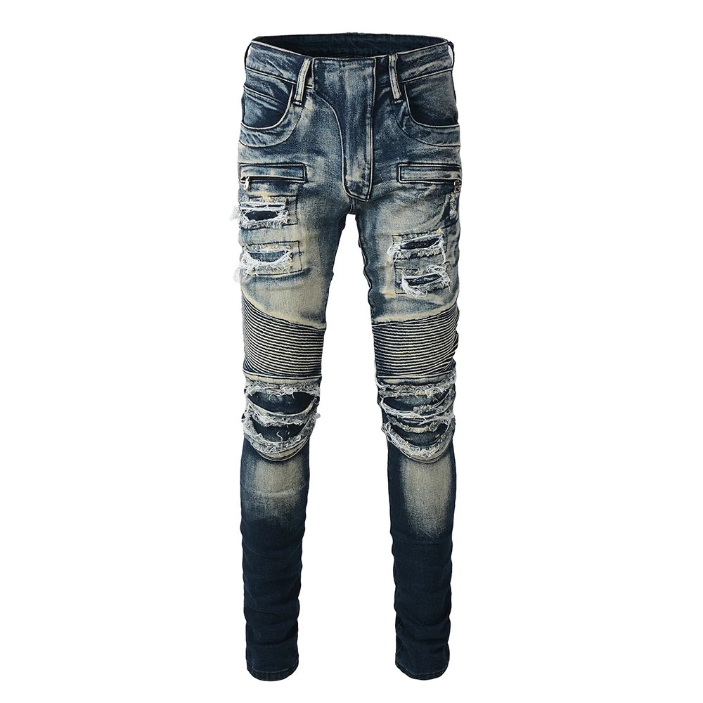 Men's Biker Jeans for Motorcycle Holes Ripped Distressed Patch Pants Stretch Denim Cotton Slim Straight Trousers High Quality