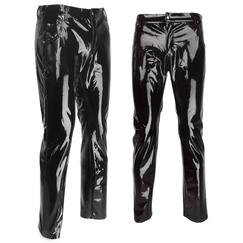 Black Party Stage Performance Slim Fit Biker Faux Leather Pants Shiny PVC Latex Trousers Fashion Motorcycle Mens Pants