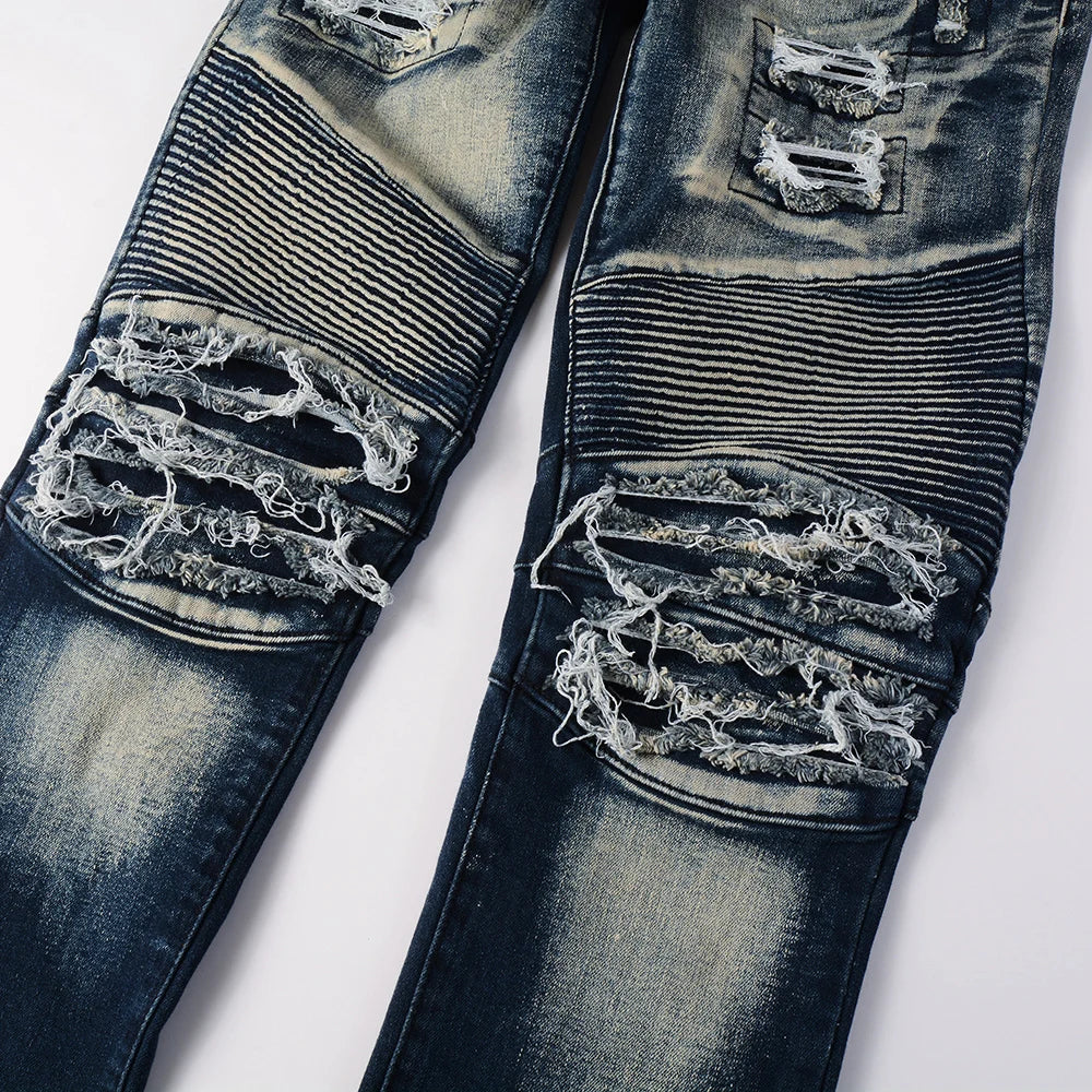 Men's Biker Jeans for Motorcycle Holes Ripped Distressed Patch Pants Stretch Denim Cotton Slim Straight Trousers High Quality