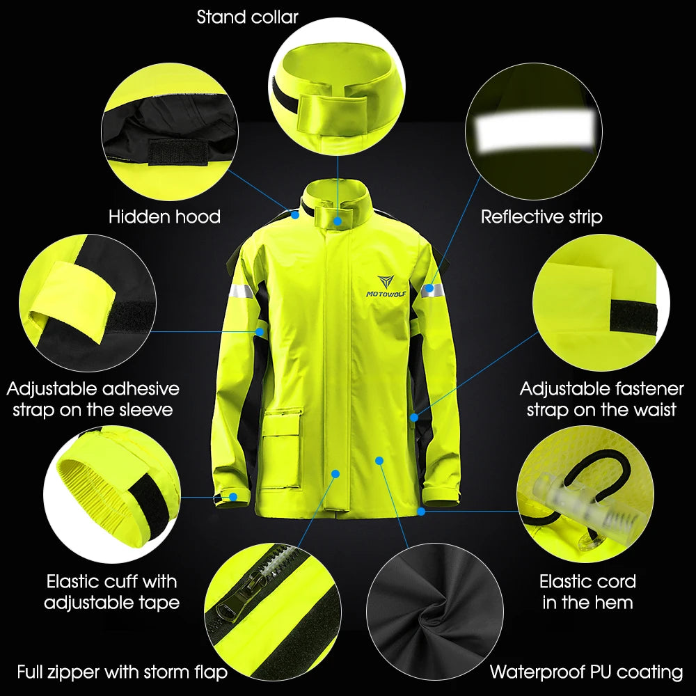 Men Motorcycle Rain Suit Outdoor Reflective Waterproof Rain Jacket and Pants Rain Gear for Bike Riding Cycle Camping Hiking