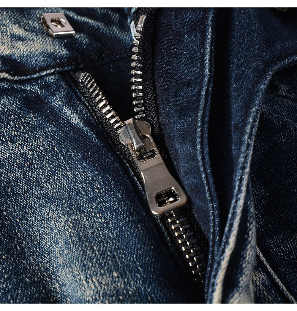 Men's Biker Jeans for Motorcycle Holes Ripped Distressed Patch Pants Stretch Denim Cotton Slim Straight Trousers High Quality