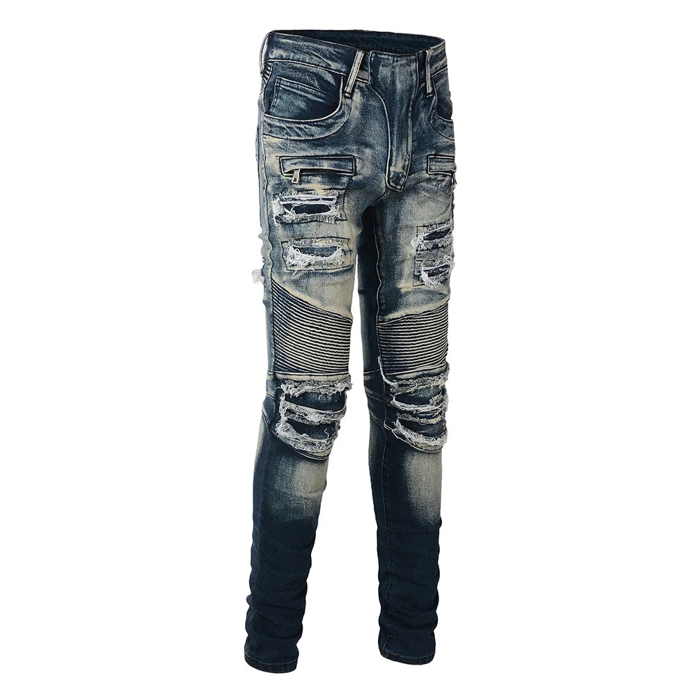 Men's Biker Jeans for Motorcycle Holes Ripped Distressed Patch Pants Stretch Denim Cotton Slim Straight Trousers High Quality