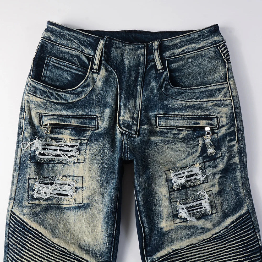 Men's Biker Jeans for Motorcycle Holes Ripped Distressed Patch Pants Stretch Denim Cotton Slim Straight Trousers High Quality