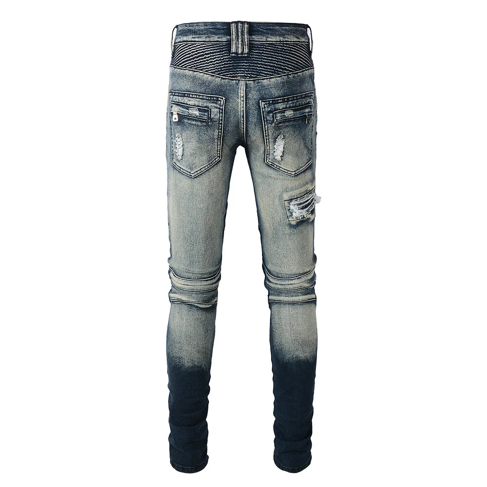 Men's Biker Jeans for Motorcycle Holes Ripped Distressed Patch Pants Stretch Denim Cotton Slim Straight Trousers High Quality