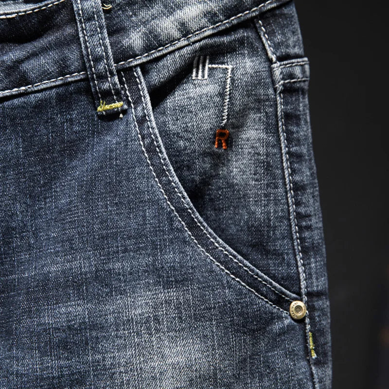 Biker Jeans Men Dark Blue Stretch Slim Fit Ripped Distressed Streetwear Denim Pants Casual Retro Man Trousers Hiphop Jean Homme