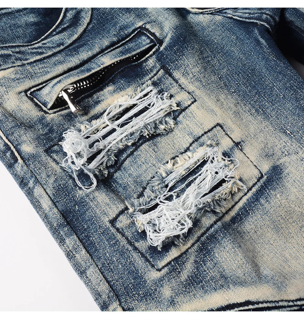 Men's Biker Jeans for Motorcycle Holes Ripped Distressed Patch Pants Stretch Denim Cotton Slim Straight Trousers High Quality
