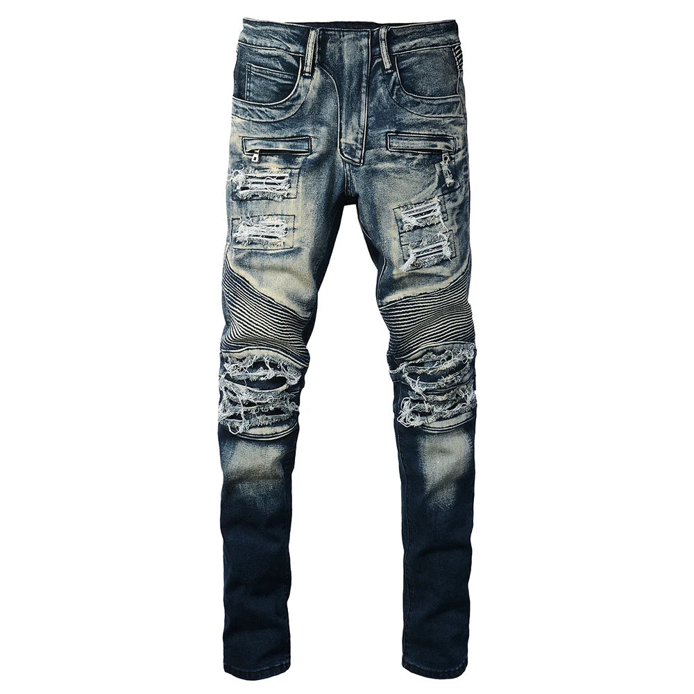 Men's Biker Jeans for Motorcycle Holes Ripped Distressed Patch Pants Stretch Denim Cotton Slim Straight Trousers High Quality