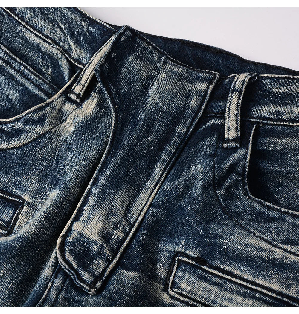 Men's Biker Jeans for Motorcycle Holes Ripped Distressed Patch Pants Stretch Denim Cotton Slim Straight Trousers High Quality