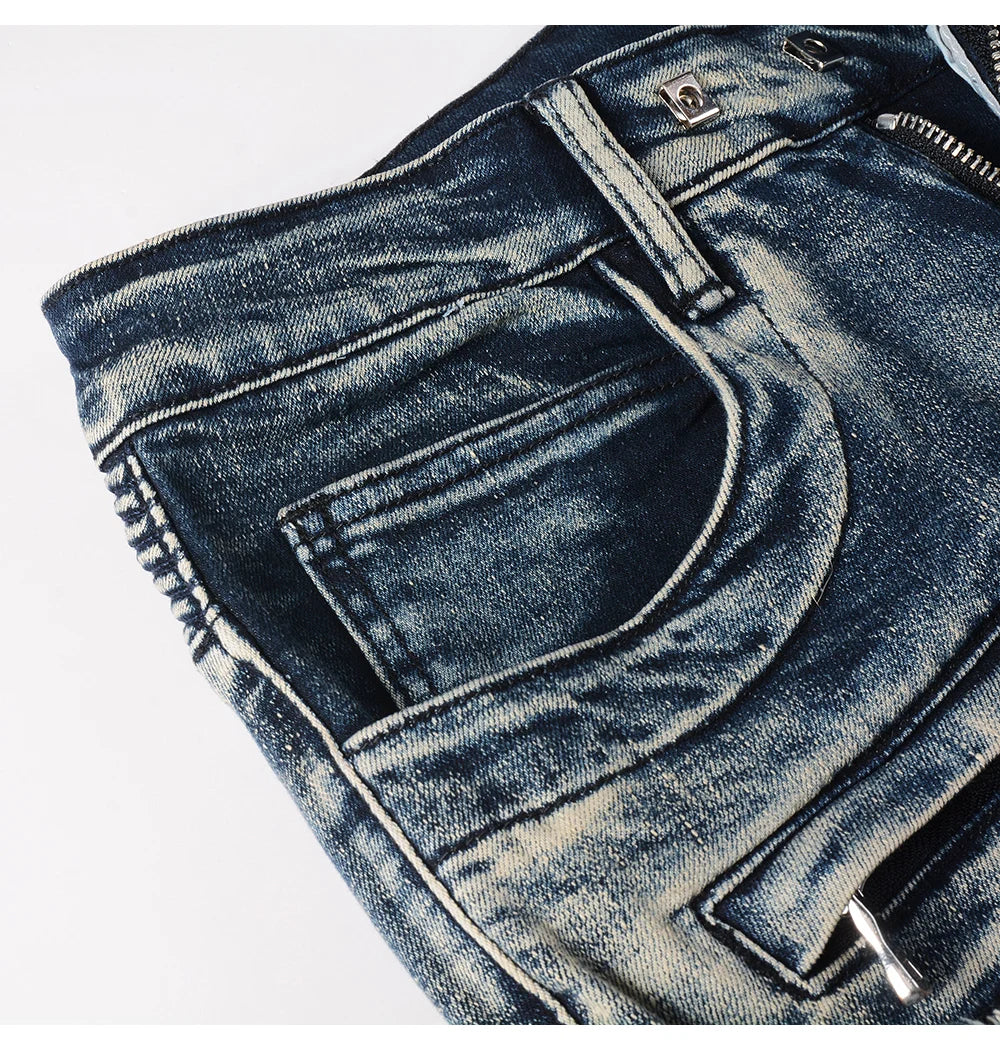 Men's Biker Jeans for Motorcycle Holes Ripped Distressed Patch Pants Stretch Denim Cotton Slim Straight Trousers High Quality