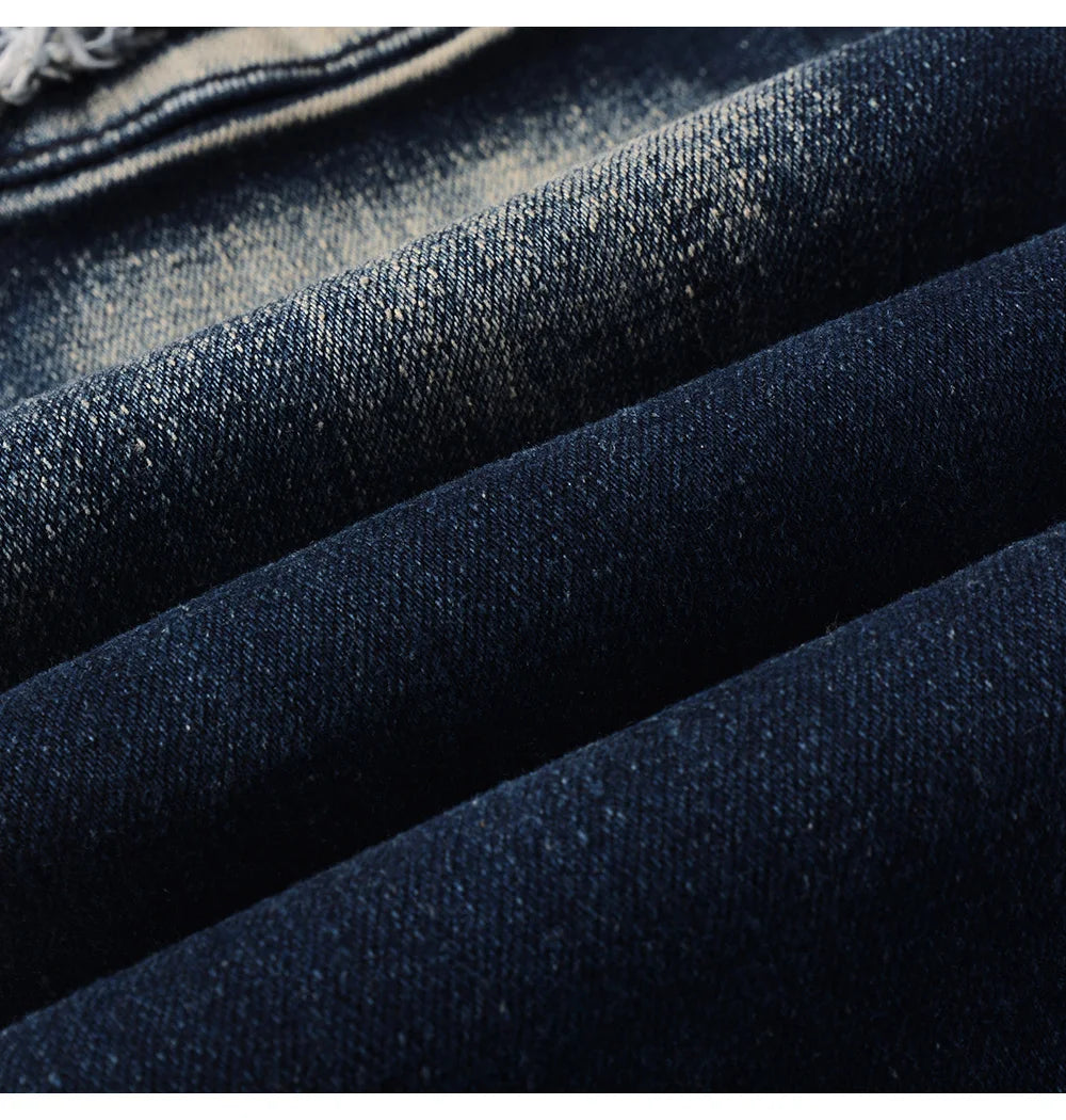 Men's Biker Jeans for Motorcycle Holes Ripped Distressed Patch Pants Stretch Denim Cotton Slim Straight Trousers High Quality