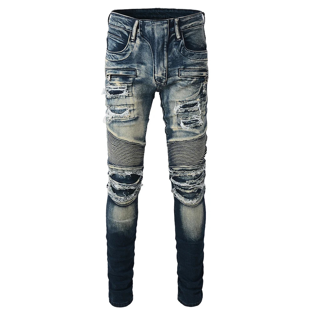 Men's Biker Jeans for Motorcycle Holes Ripped Distressed Patch Pants Stretch Denim Cotton Slim Straight Trousers High Quality