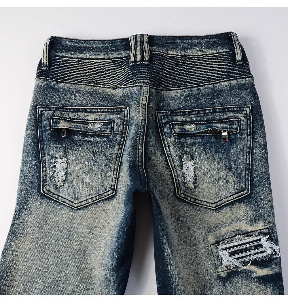 Men's Biker Jeans for Motorcycle Holes Ripped Distressed Patch Pants Stretch Denim Cotton Slim Straight Trousers High Quality