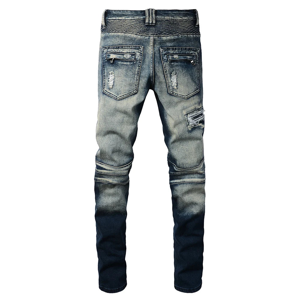 Men's Biker Jeans for Motorcycle Holes Ripped Distressed Patch Pants Stretch Denim Cotton Slim Straight Trousers High Quality