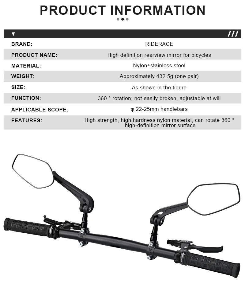 RIDERACE Bicycle Handlebar Reflector Rear View Mirror For MTB Mountain Bike Scooter Wide-Range Cycling Adjustable Angles Mirrors