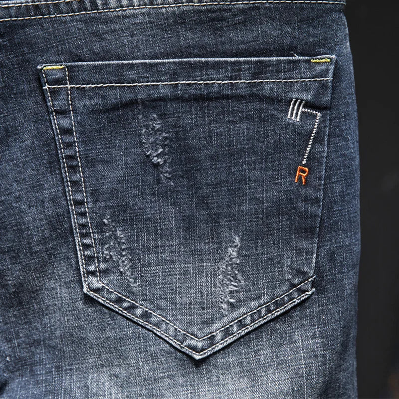 Biker Jeans Men Dark Blue Stretch Slim Fit Ripped Distressed Streetwear Denim Pants Casual Retro Man Trousers Hiphop Jean Homme