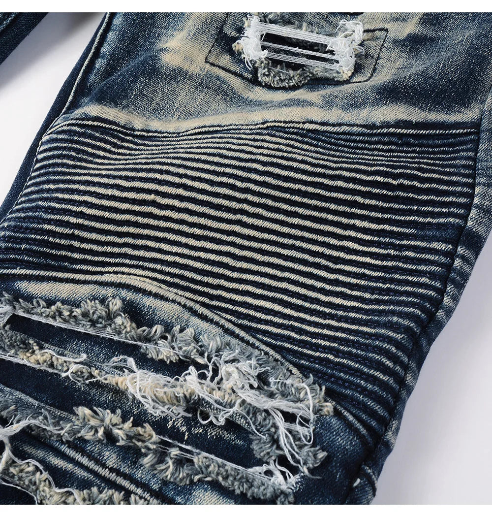 Men's Biker Jeans for Motorcycle Holes Ripped Distressed Patch Pants Stretch Denim Cotton Slim Straight Trousers High Quality