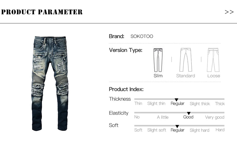 Men's Biker Jeans for Motorcycle Holes Ripped Distressed Patch Pants Stretch Denim Cotton Slim Straight Trousers High Quality
