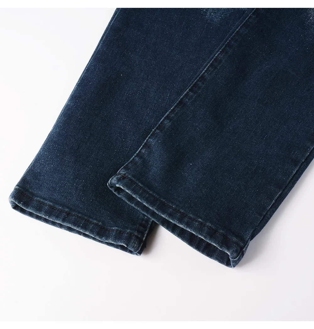 Men's Biker Jeans for Motorcycle Holes Ripped Distressed Patch Pants Stretch Denim Cotton Slim Straight Trousers High Quality