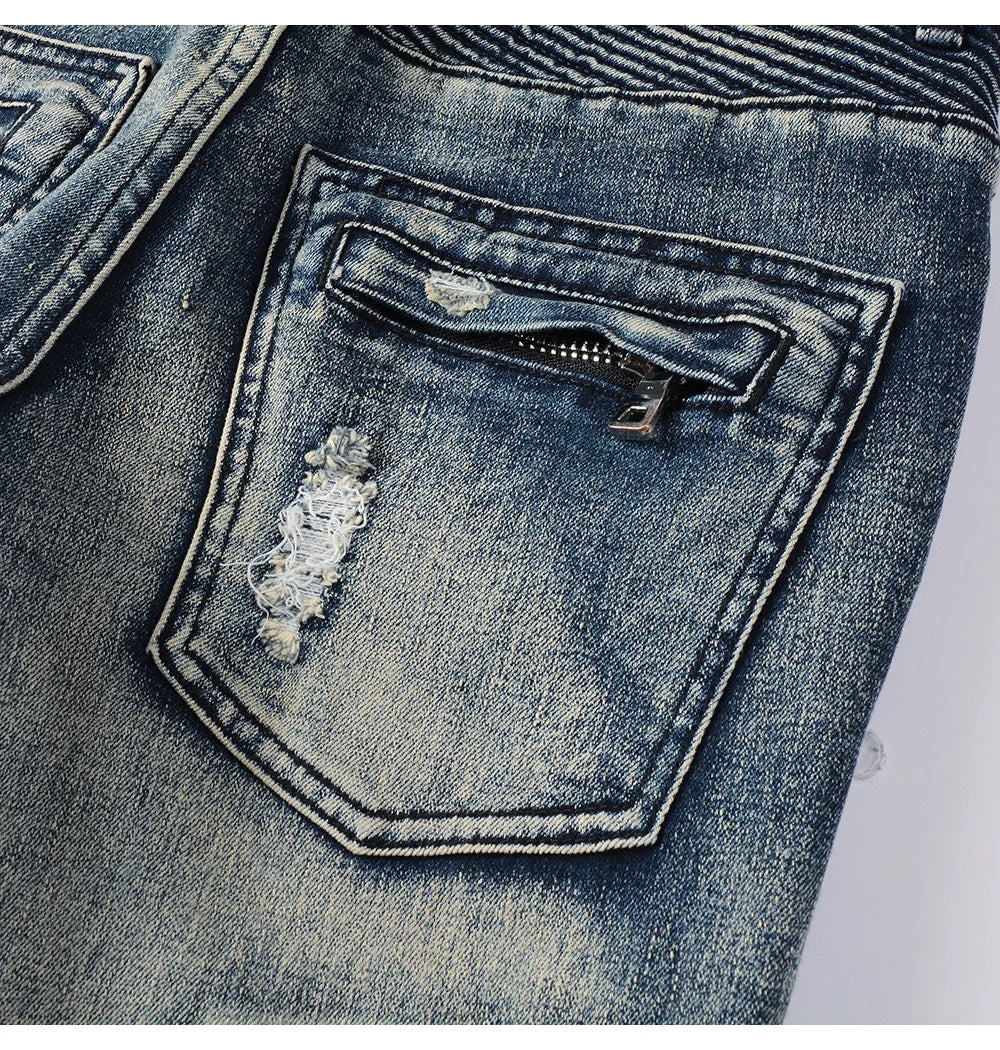 Men's Biker Jeans for Motorcycle Holes Ripped Distressed Patch Pants Stretch Denim Cotton Slim Straight Trousers High Quality